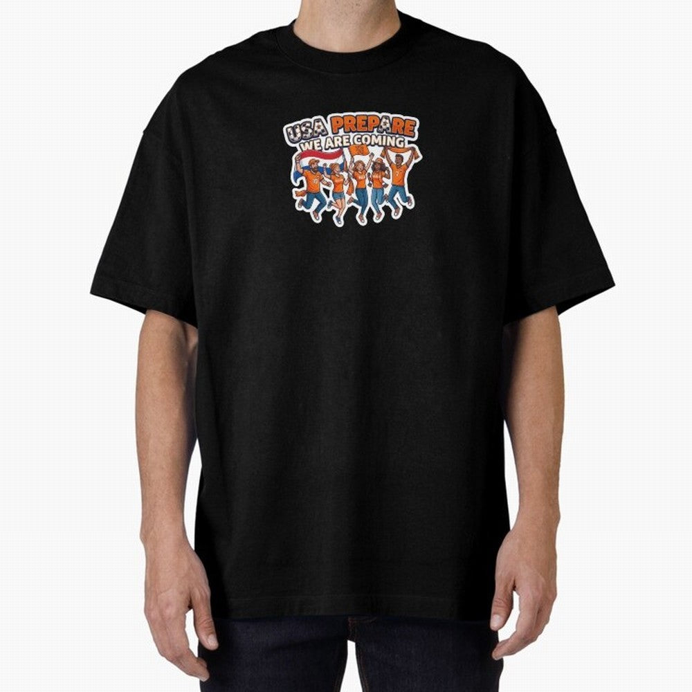 Netherlands Soccer Fans 2026 Sticker We Are Coming Oversized T-Shirt Show Up for the Glory of Global Football Passion for FIFA World Cup 2026, Highlighting CR7 and Messi, Netherlands, Vintage Soccer Flavor, Modern Football Stars, National Flags and