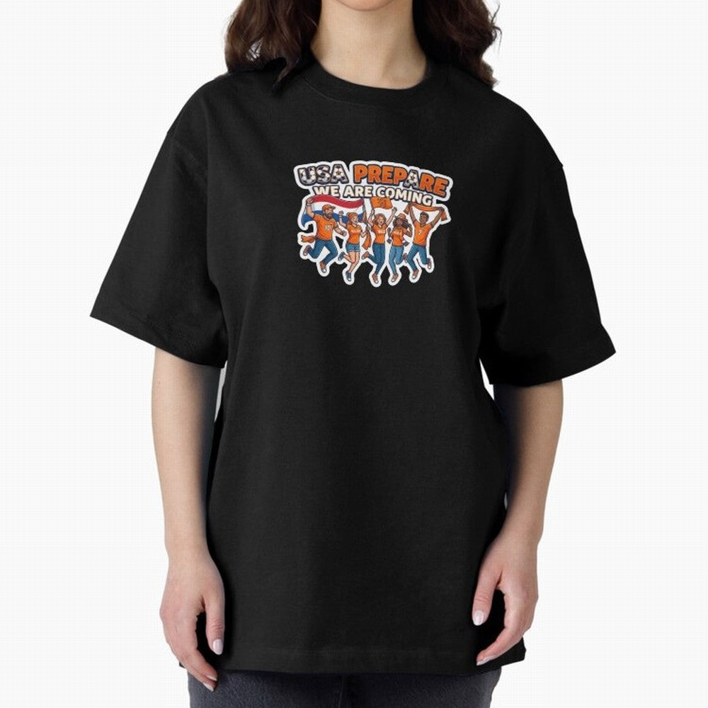 Netherlands Soccer Fans 2026 Sticker We Are Coming Oversized T-Shirt Show Up for the Glory of Global Football Passion for FIFA World Cup 2026, Highlighting CR7 and Messi, Netherlands, Vintage Soccer Flavor, Modern Football Stars, National Flags and